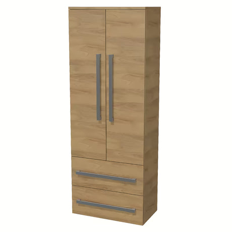 Vysoká závěsná koupelnová skříňka SAT Cube Way 60x163x33 cm v dekoru dub hickory s chromovými úchytkami.