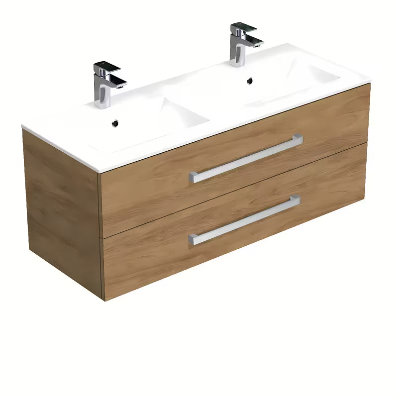 Závěsná koupelnová skříňka SAT Cube Way s keramickým umyvadlem v dekoru dub hickory