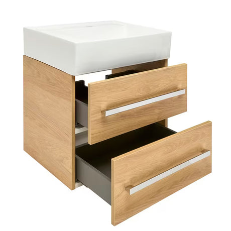 Závěsná koupelnová skříňka SAT Cube Way s keramickým umyvadlem v dekoru dub hickory 60x46x53 cm