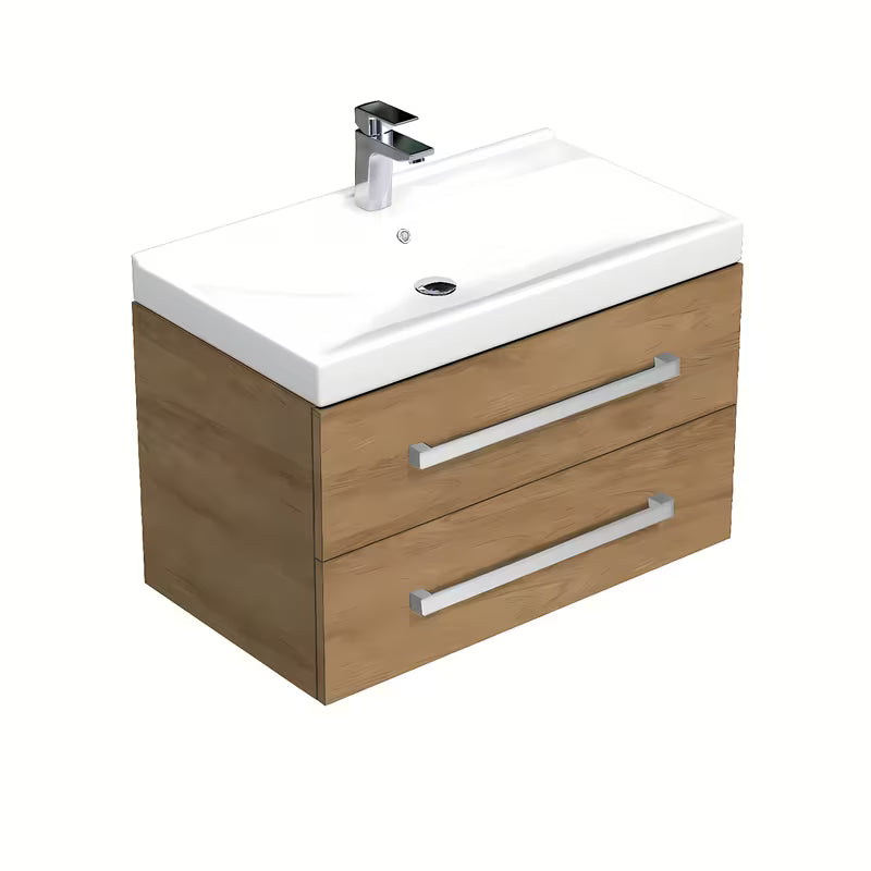 Závěsná koupelnová skříňka SAT Cube Way s keramickým umyvadlem v dekoru dub hickory