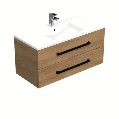 Závěsná koupelnová skříňka s keramickým umyvadlem SAT Cube Way v dekoru dub hickory