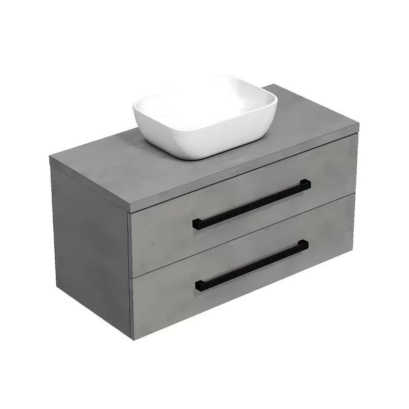 Závěsná koupelnová skříňka SAT Cube Way s krycí deskou v imitaci betonu a černými úchytkami