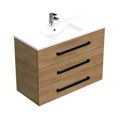 Závěsná koupelnová skříňka SAT Cube Way s keramickým umyvadlem v dekoru dub hickory