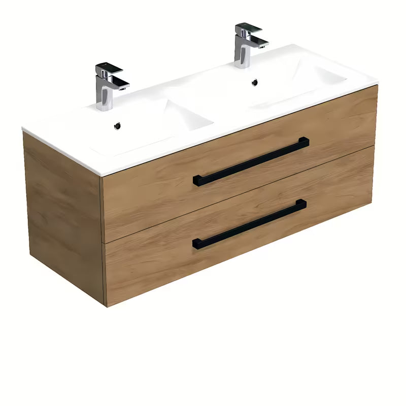 Závěsná koupelnová skříňka SAT Cube Way s keramickým umyvadlem v dekoru dub hickory