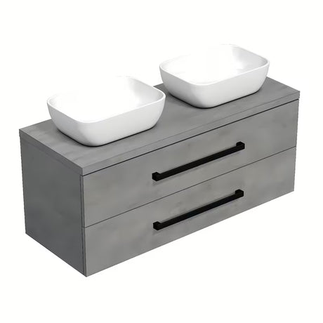 Závěsná koupelnová skříňka SAT Cube Way s krycí deskou v imitaci betonu a černými úchytkami