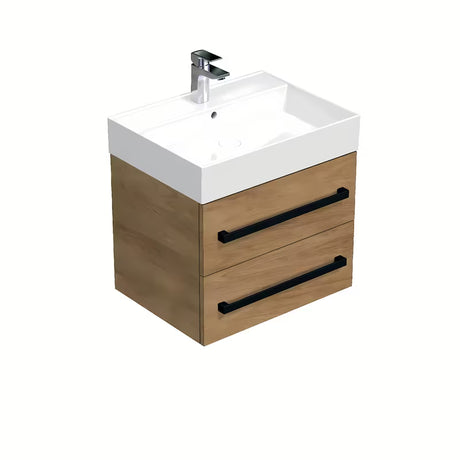 Závěsná koupelnová skříňka SAT Cube Way s keramickým umyvadlem v dekoru dub hickory