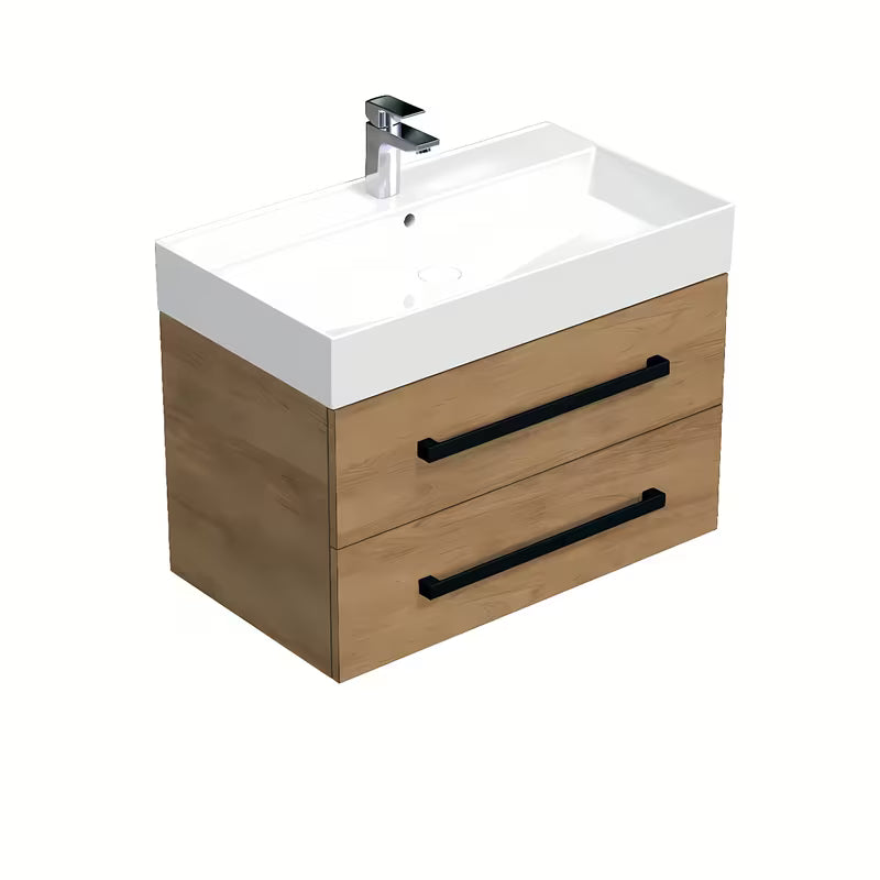 Viseča kopalniška omarica s keramičnim umivalnikom SAT Cube Way v dekorju hrasta hickory s črnimi ročaji