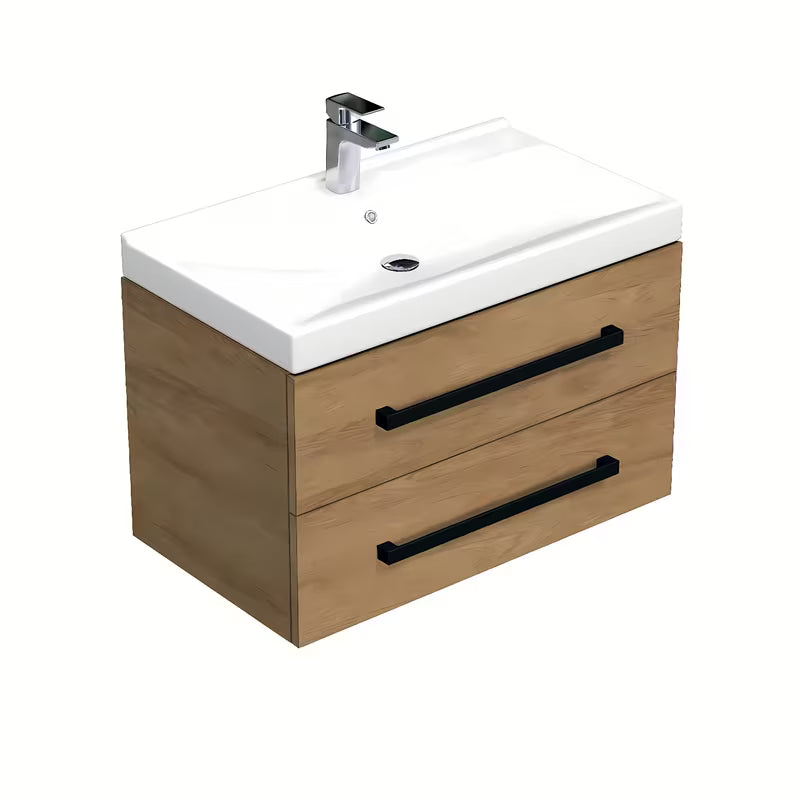 Wisząca szafka łazienkowa SAT Cube Way z umywalką ceramiczną w dekorze dąb hickory