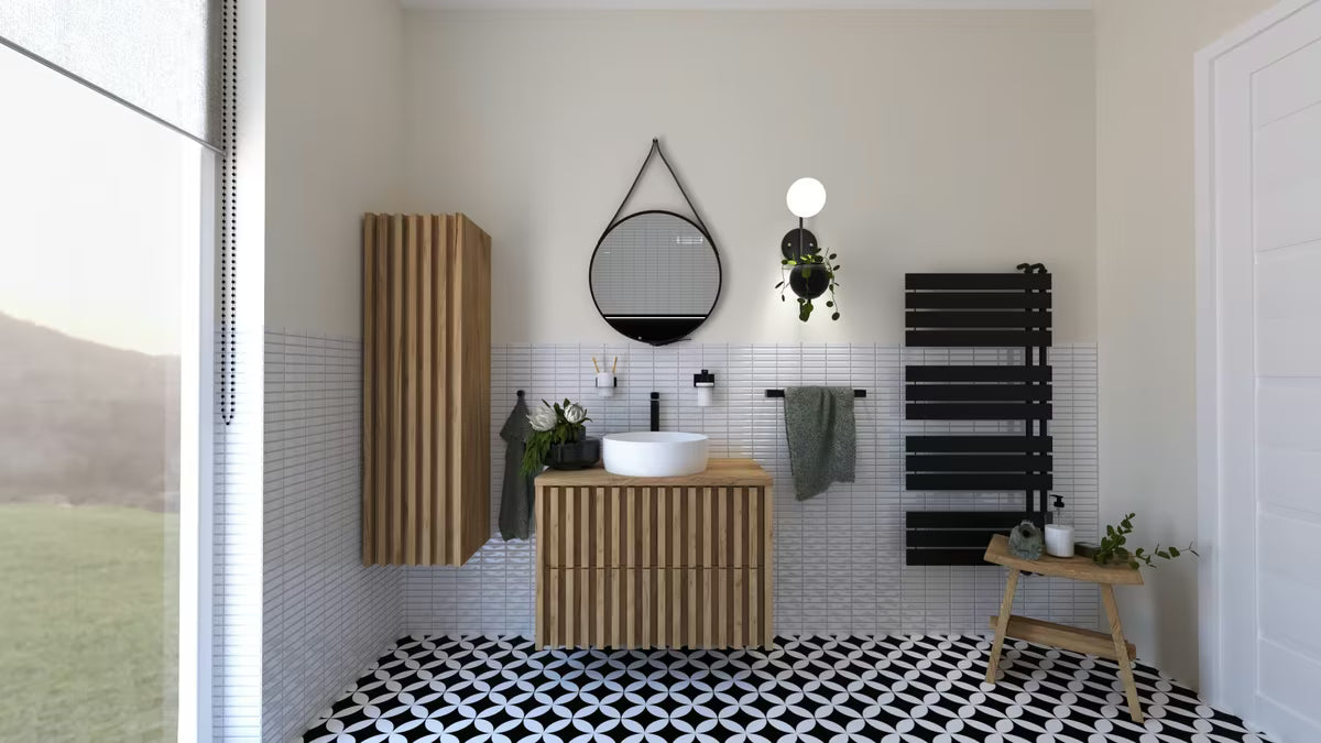 Závěsná skříňka pod umyvadlo SAT Delano s krycí deskou v dekoru dub mat 80x46 cm s vertikálními lamelami.