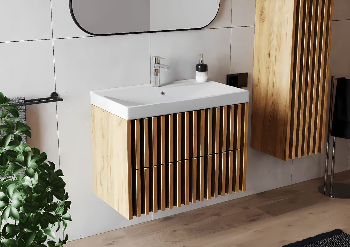 Závěsná koupelnová skříňka s keramickým umyvadlem SAT Delano v dekoru dub mat 80x46 cm