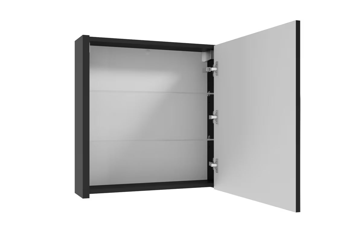 Černá závěsná zrcadlová skříňka SAT Delano 60x60 cm se zrcadlem a vnitřními poličkami