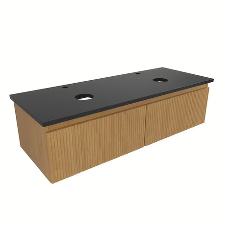 Závěsná koupelnová skříňka SAT Evolution v dekoru dub medový s krycí deskou Technistone Gobi black v lesku
