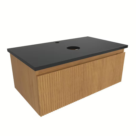 Závěsná koupelnová skříňka SAT Evolution v dekoru dub medový se žulovou krycí deskou Absolut black