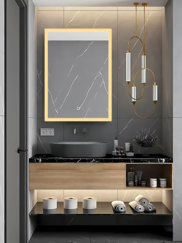 Bílé obdélníkové zrcadlo SAT Feel 60x80 cm s LED osvětlením a senzorovým ovládáním
