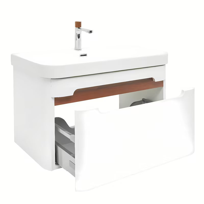 Závěsná koupelnová skříňka SAT Fusion s keramickým umyvadlem v bílém matném provedení