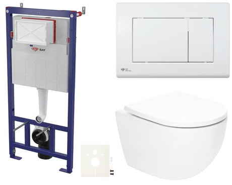 Závěsný WC set SAT Fusion s vírovým splachováním, nádržkou, bílým ovládacím tlačítkem a duroplastovým sedátkem