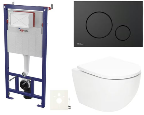 Závěsný WC set SAT Fusion s vírovým splachováním, modulem, nádržkou, tlačítkem černá mat a sedátkem