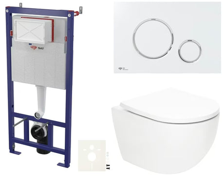 Závěsný WC set SAT Fusion s vírovým splachováním, modulem, nádržkou, bílým tlačítkem a sedátkem