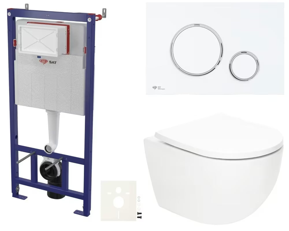 Závěsný WC set SAT Fusion s vírovým splachováním, nádržkou, ovládacím tlačítkem bílá mat a sedátkem