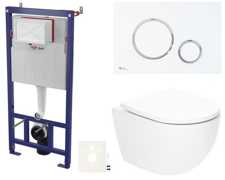 Závěsný WC set SAT Fusion s vírovým splachováním, nádržkou, ovládacím tlačítkem bílá mat a sedátkem