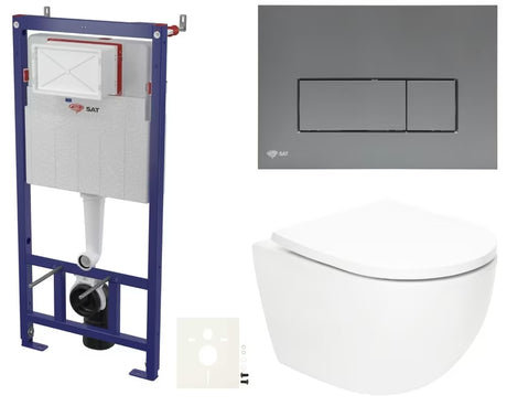Závěsný WC set SAT Fusion s vírovým splachováním, nádržkou, ovládacím tlačítkem gun metal mat a sedátkem