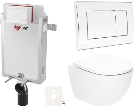 Závěsný WC set SAT Fusion s modulem k zazdění, WC nádržkou, ovládacím tlačítkem chrom lesk a duroplastovým sedátkem.
