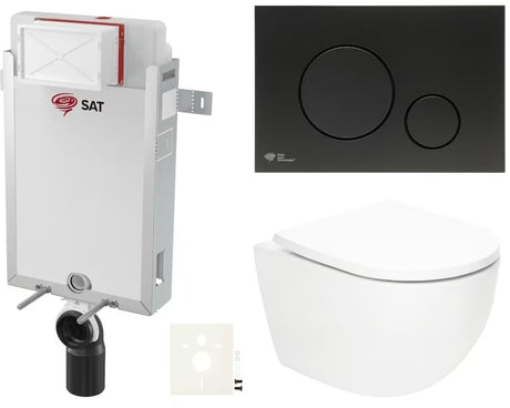 Závěsný WC set SAT Fusion s vírovým splachováním, modulem k zazdění, nádržkou a černým matným tlačítkem