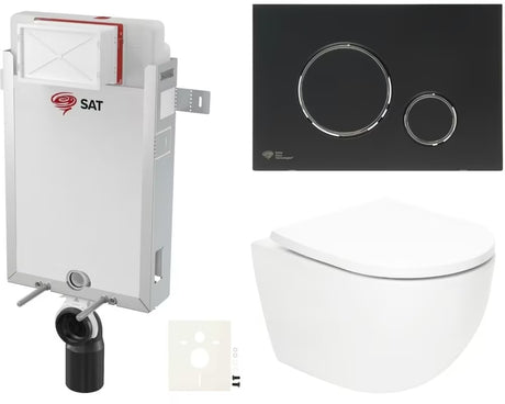 Závěsný WC set SAT Fusion s vírovým splachováním, tlačítkem v černé matné a sedátkem z duroplastu