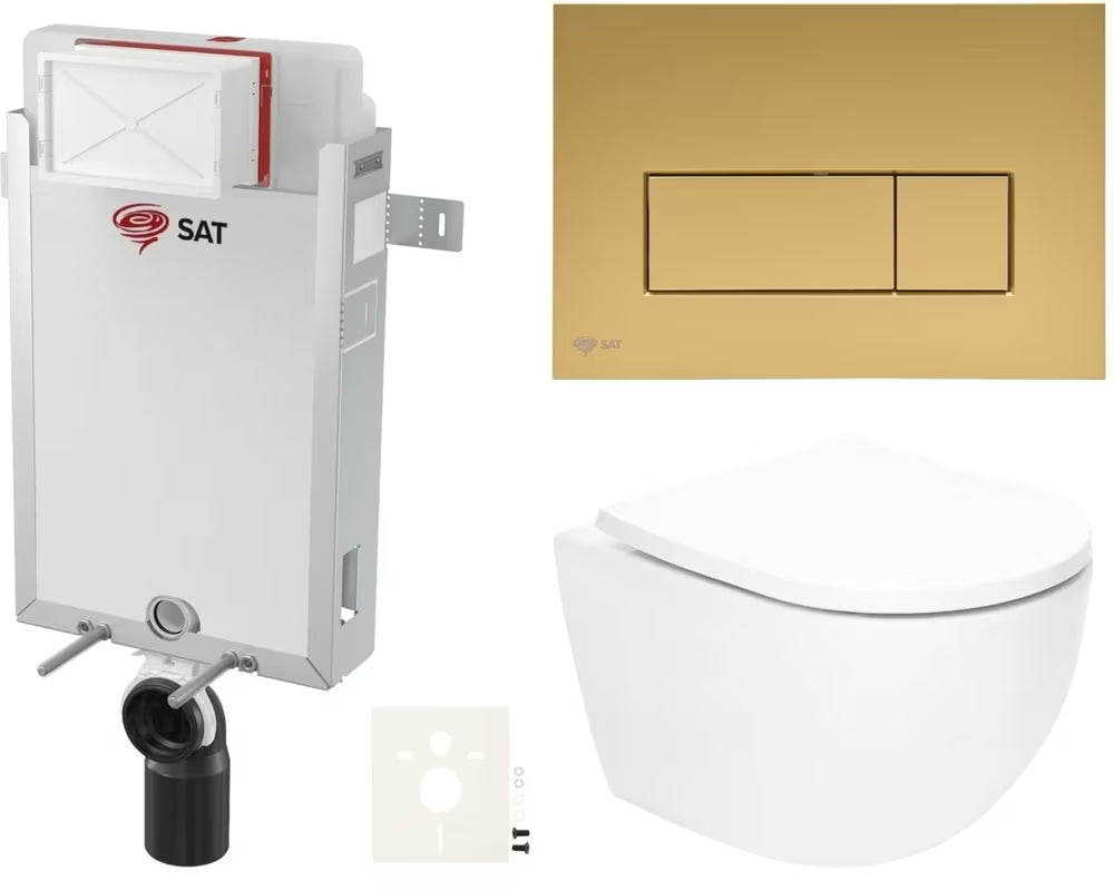Závěsný WC set SAT Fusion s modulem k zazdění, nádržkou, tlačítkem gold mat a sedátkem z duroplastu.