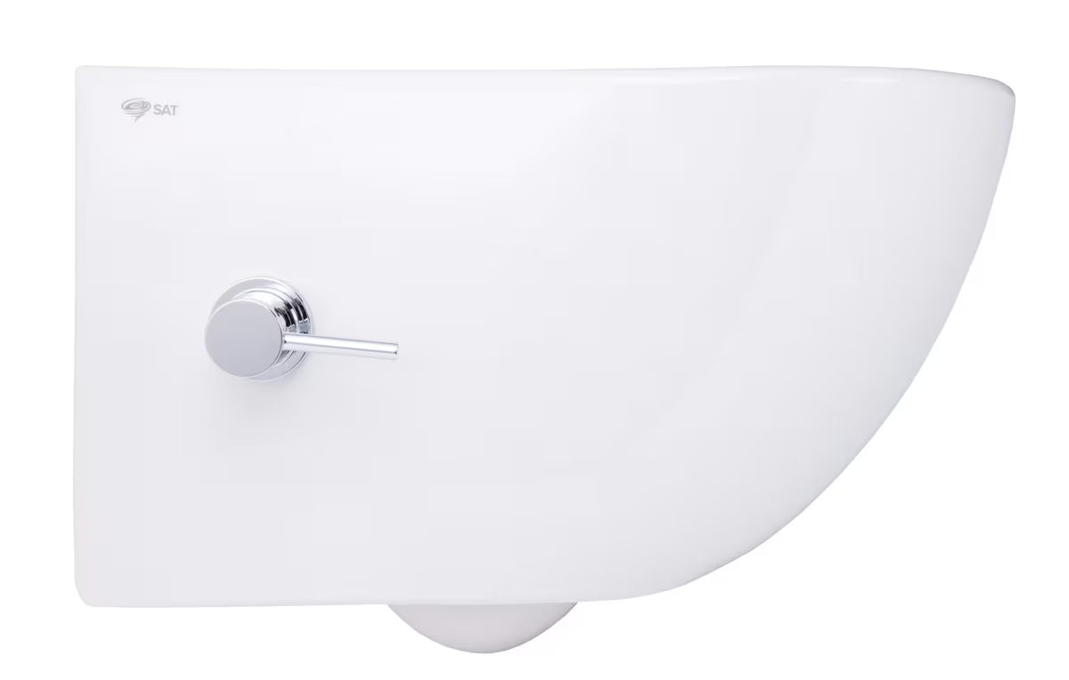 Bílé závěsné WC SAT Infinitio s integrovanou bidetovací funkcí, bočním ovládáním a sedátkem SoftClose.