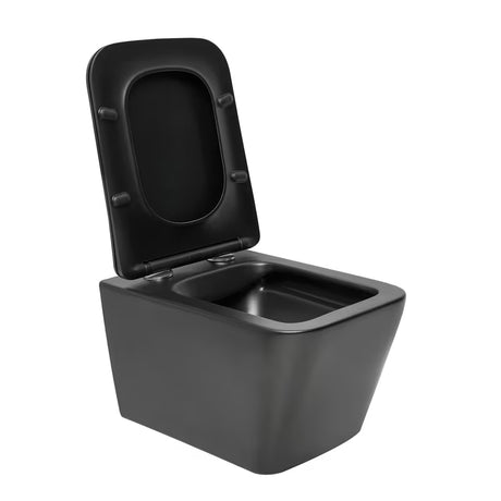 Černo-matné závěsné WC SAT Infinitio v hranatém designu se sedátkem SoftClose a skrytým uchycením.