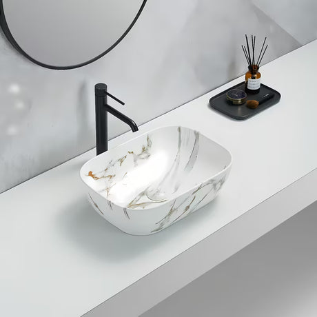 SAT Infinitio umyvadlo na desku bez přepadu v matné bílé s mramorovým designem, 45,5x32,5 cm