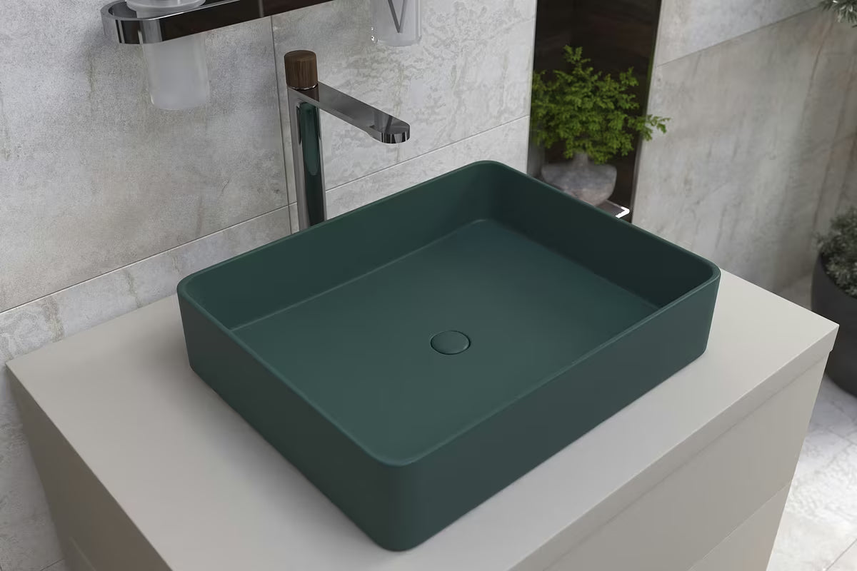 SAT Infinitio keramické umyvadlo na desku 50x40 cm v tmavě zelené matné barvě bez přepadu.