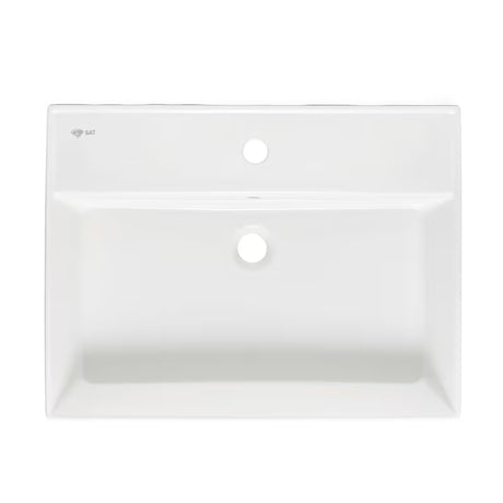 Bílé keramické závěsné umyvadlo SAT Infinitio 60,5x46,5 cm s přepadem a otvorem pro baterii uprostřed.