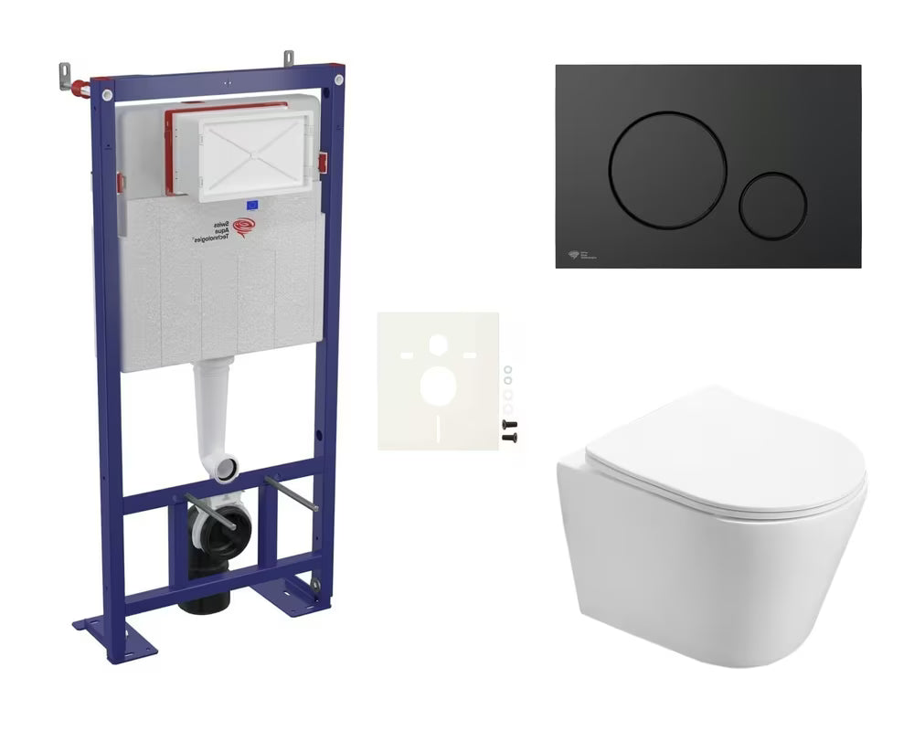 Viseći WC set SAT Infinitio s ugradbenim vodokotlićem, crnom mat tipkom i sjedalom soft Close