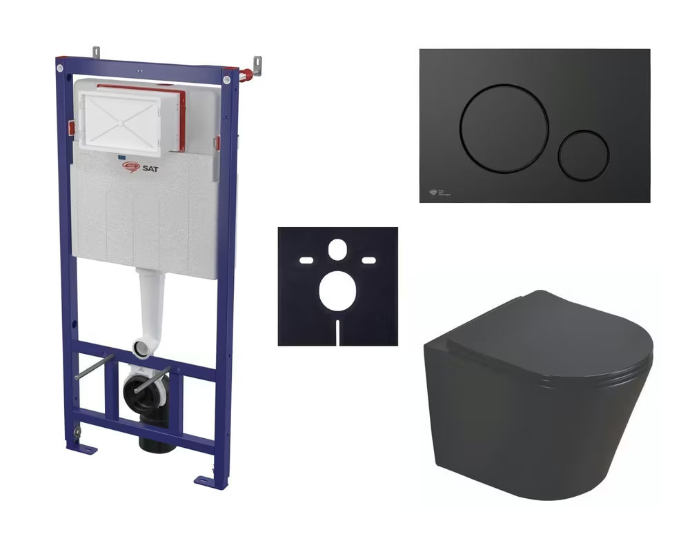 Závěsný WC set SAT Infinitio s předstěnovým modulem, černým ovládacím tlačítkem a sedátkem SoftClose