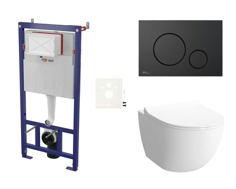 Závěsný podomítkový WC set SAT Infinitio s černým matným ovládacím tlačítkem a sedátkem SoftClose.