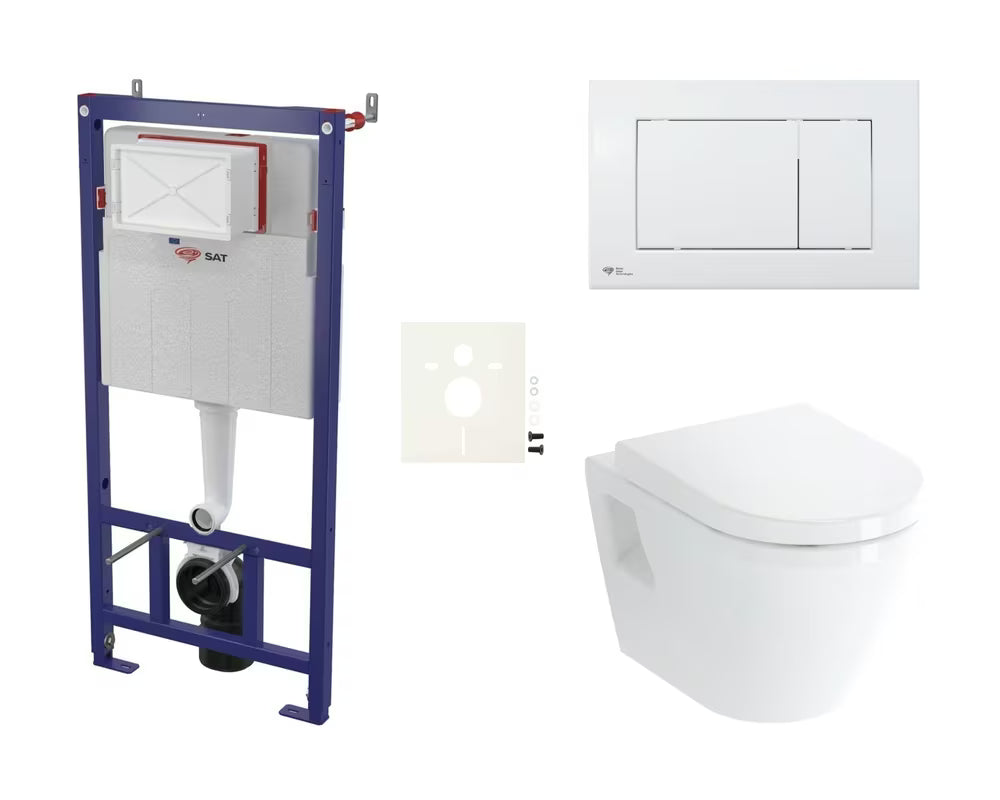 Viseči WC set vitra Integra s predstensko instalacijo, splakovalnikom SAT in belim aktivirnim gumbom