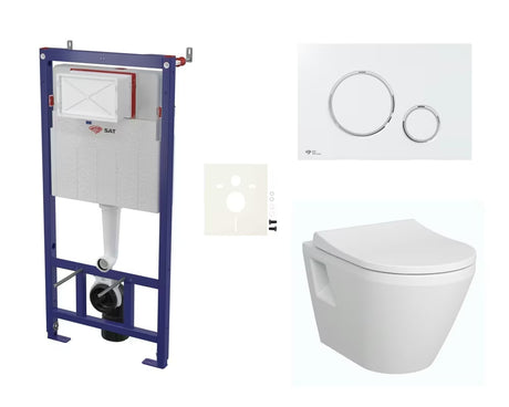 Závěsný WC set Vitra Integra s nádržkou SAT, duroplastovým sedátkem SoftClose a bílým lesklým tlačítkem.