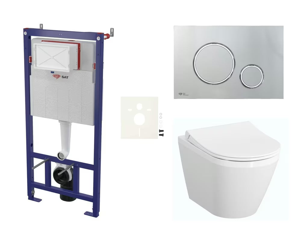 Viseči WC set vitra Integra z instalacijskim modulom, splakovalnikom SAT in WC-desko mehko Zapiranje Soft Close v beli barvi.