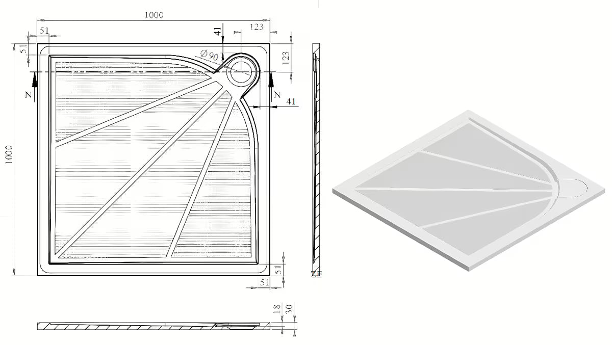 Bílá čtvercová sprchová vanička SAT Limcc 100x100 cm z litého mramoru s krytým rohovým odpadem