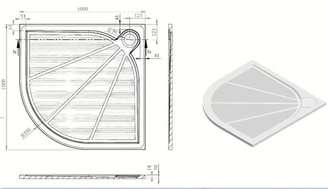 Bílá čtvrtkruhová sprchová vanička SAT Limcc 100x100 cm z litého mramoru s krytým odpadem v rohu