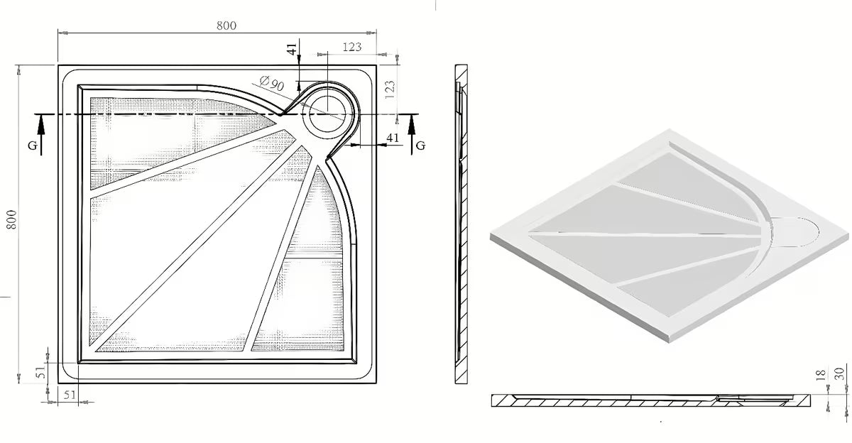 Bílá čtvercová sprchová vanička SAT Limcc 80x80 cm z litého mramoru s krytým rohovým odpadem