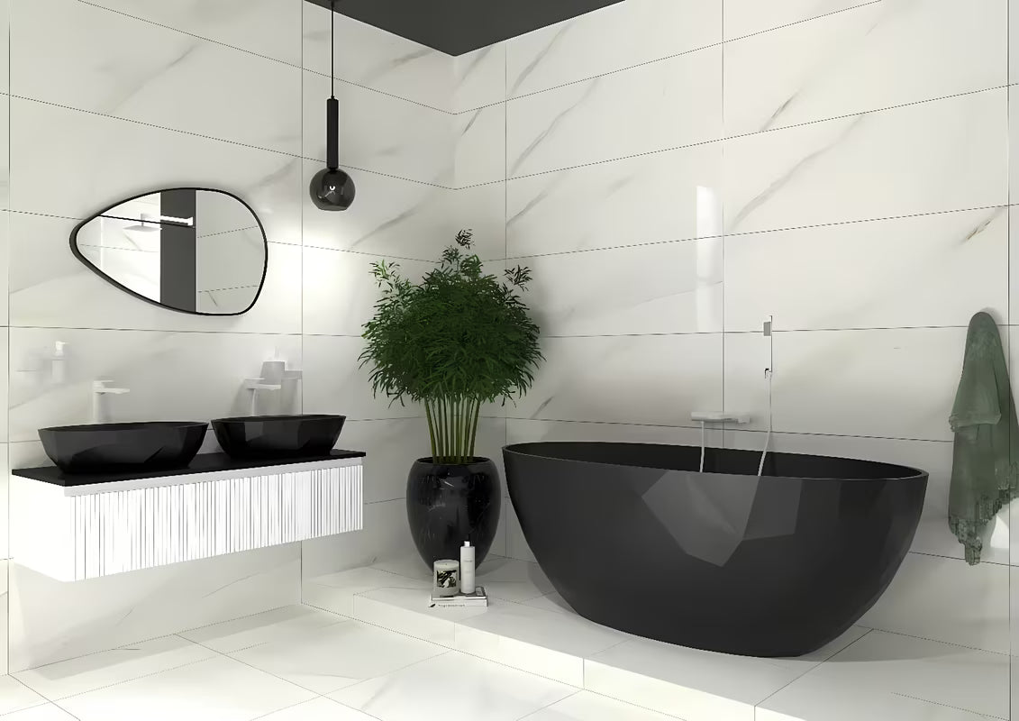 Volně stojící černá vana SAT Meda z litého mramoru v provedení levá i pravá orientace.