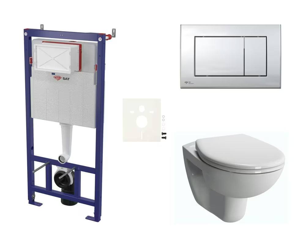 Viseći WC set vitra Normus pro za ugradnju u lagane zidove s vodokotlićem SAT i tipkom za ispiranje u sjajnom kromu.