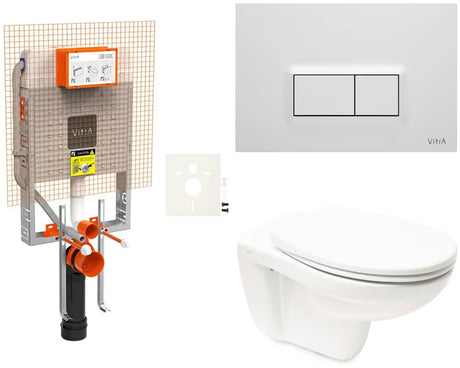 Závěsný WC set VitrA Normus k zazdění se skrytou nádržkou a ovládacím tlačítkem v bílé lesklé barvě.
