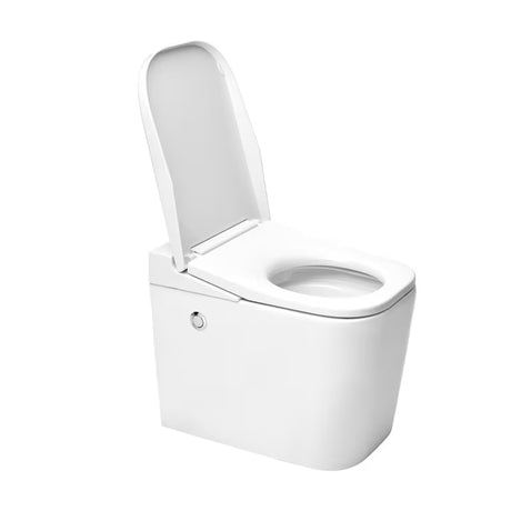 Stojící WC SAT OptimFlush v bílé barvě s integrovanou nádržkou a bočním pneumatickým tlačítkem splachování.