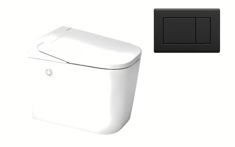 Stojící WC SAT OptimFlush v bílé barvě s nádržkou a nástěnným splachovacím tlačítkem.