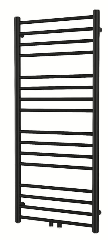 Kombinovaný radiátor SAT Paul 114x50 cm v černé matné barvě se středovým připojením.