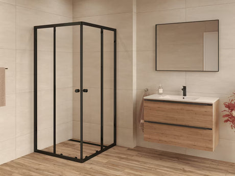 Čtvercový posuvný sprchový kout SAT Project 90x90 cm s černými profily a čirým sklem